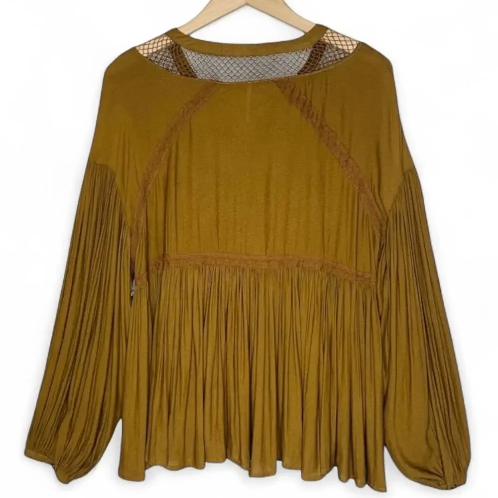 Free People Fairy Grunge Blouse XS Brown Gingersnap Lace Up Balloon Sleeve Top